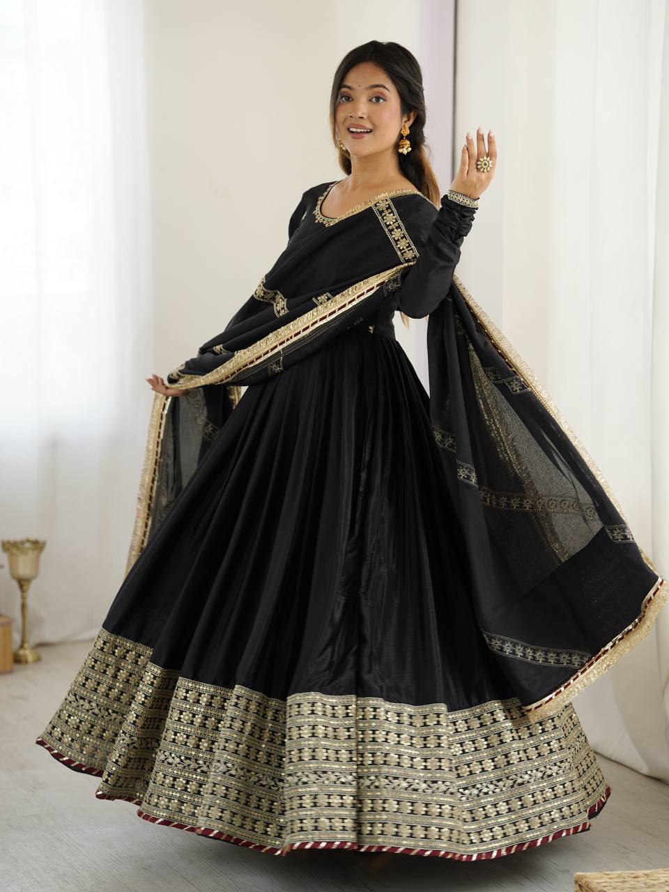 Prazu Fashion Black Chinon Silk Thread With Sequence Work Anarkali Suit | Grocsy