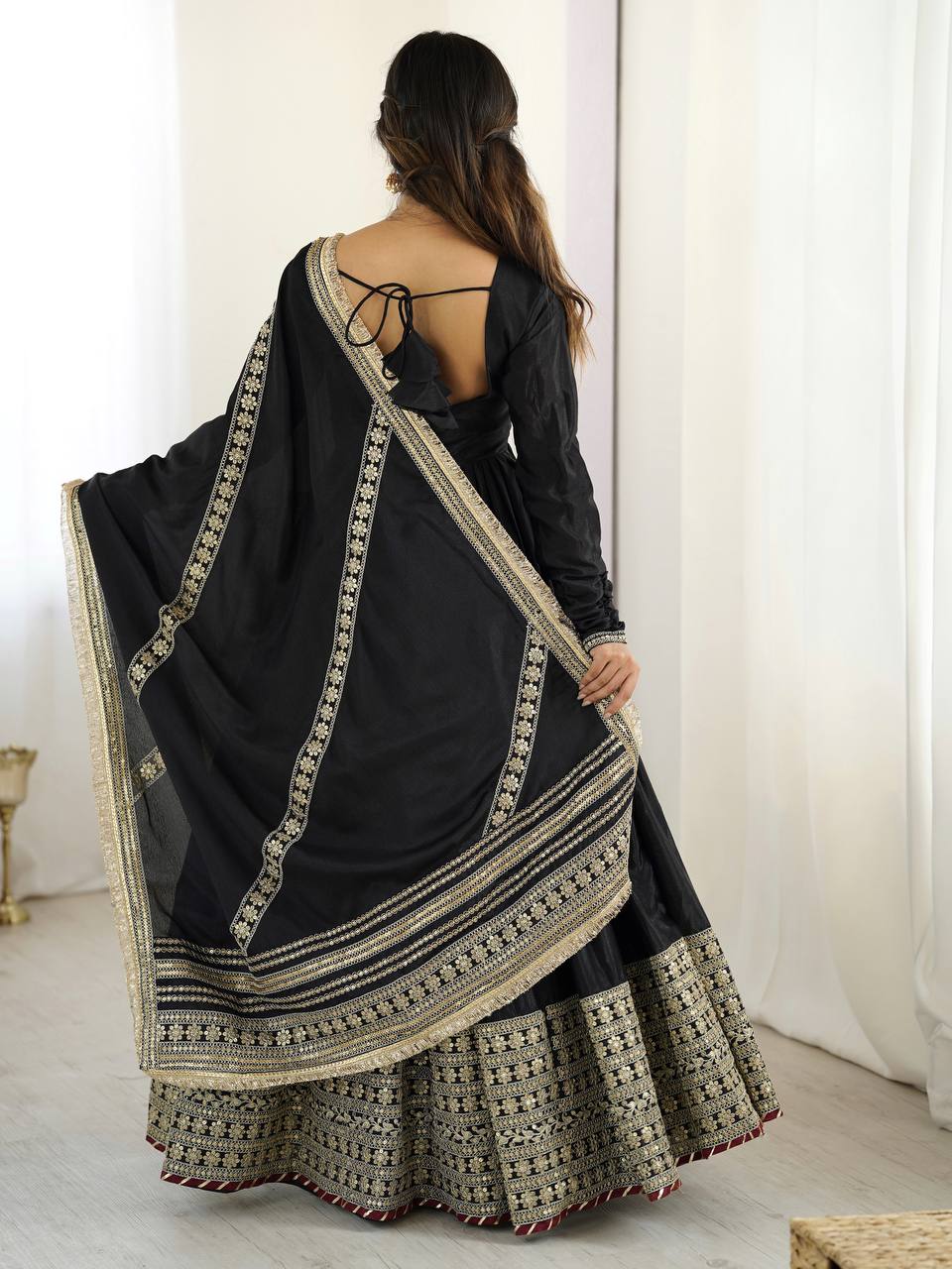 Prazu Fashion Black Chinon Silk Thread With Sequence Work Anarkali Suit | Grocsy