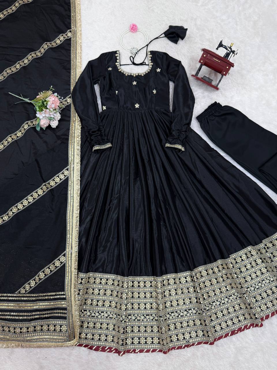 Prazu Fashion Black Chinon Silk Thread With Sequence Work Anarkali Suit | Grocsy