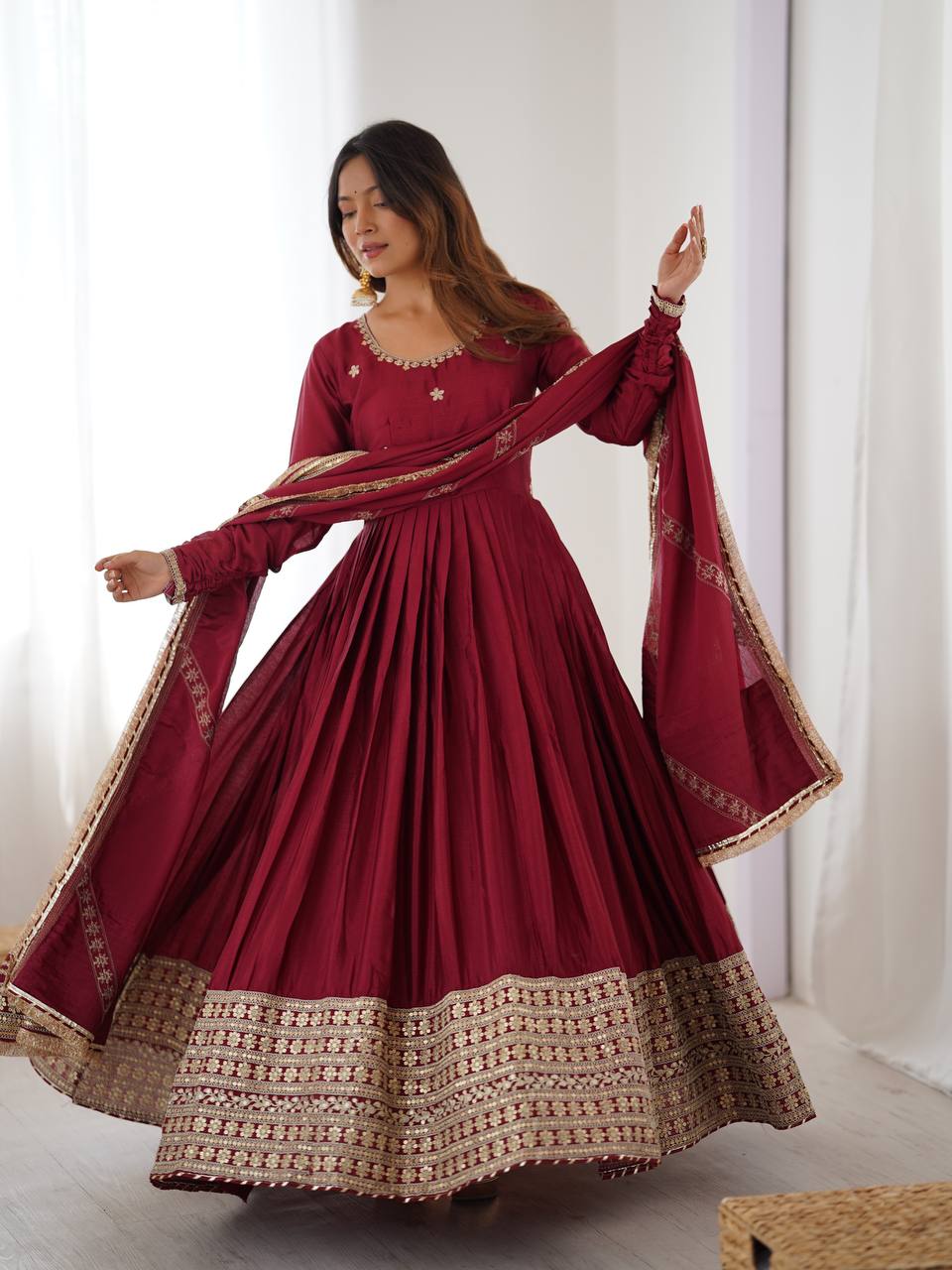 Prazu Fashion Maroon Chinon Silk Thread With Sequence Work Anarkali Suit | Grocsy