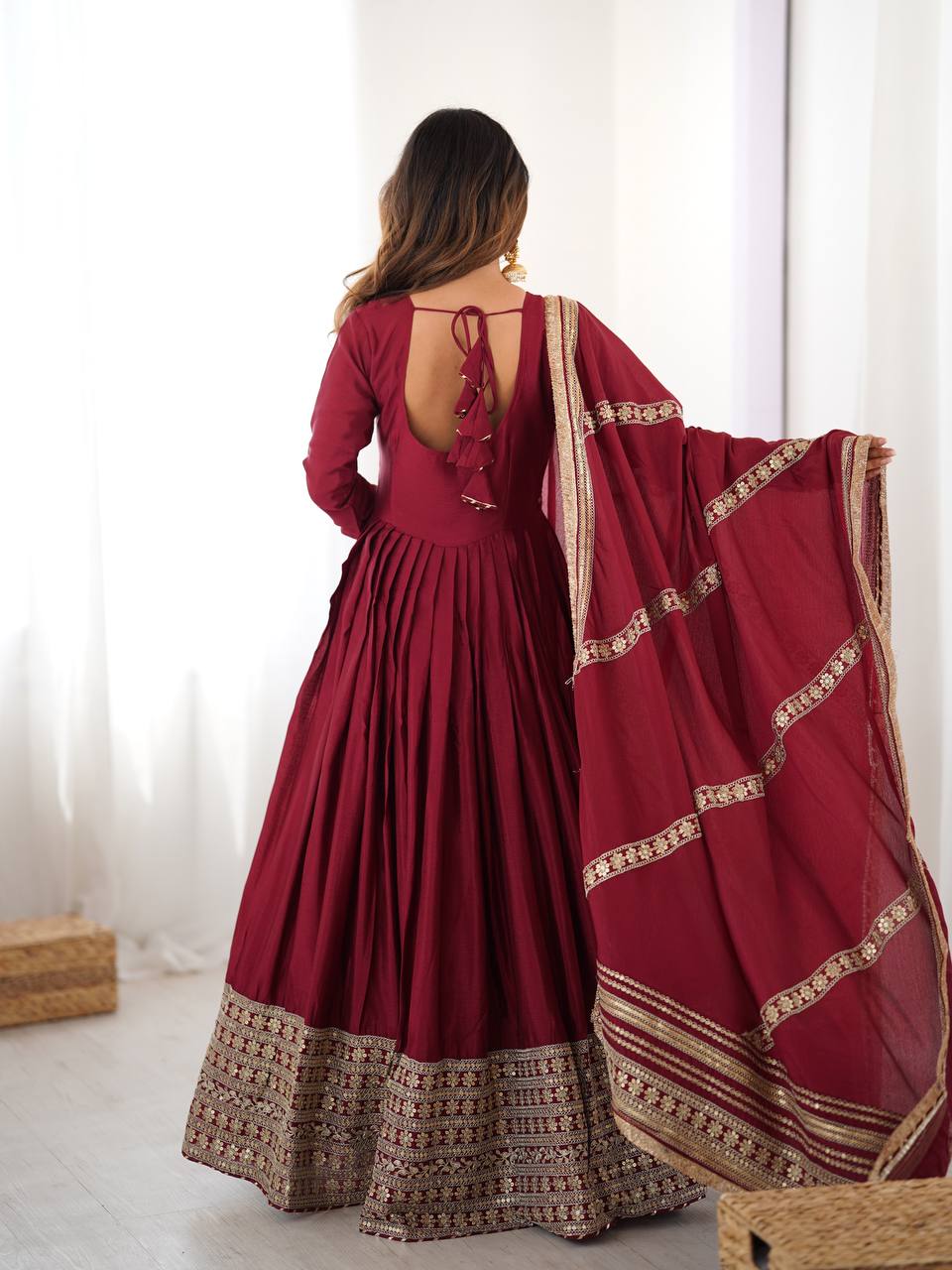Prazu Fashion Maroon Chinon Silk Thread With Sequence Work Anarkali Suit | Grocsy