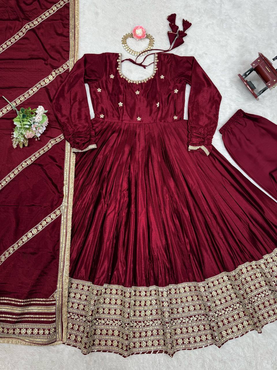 Prazu Fashion Maroon Chinon Silk Thread With Sequence Work Anarkali Suit | Grocsy