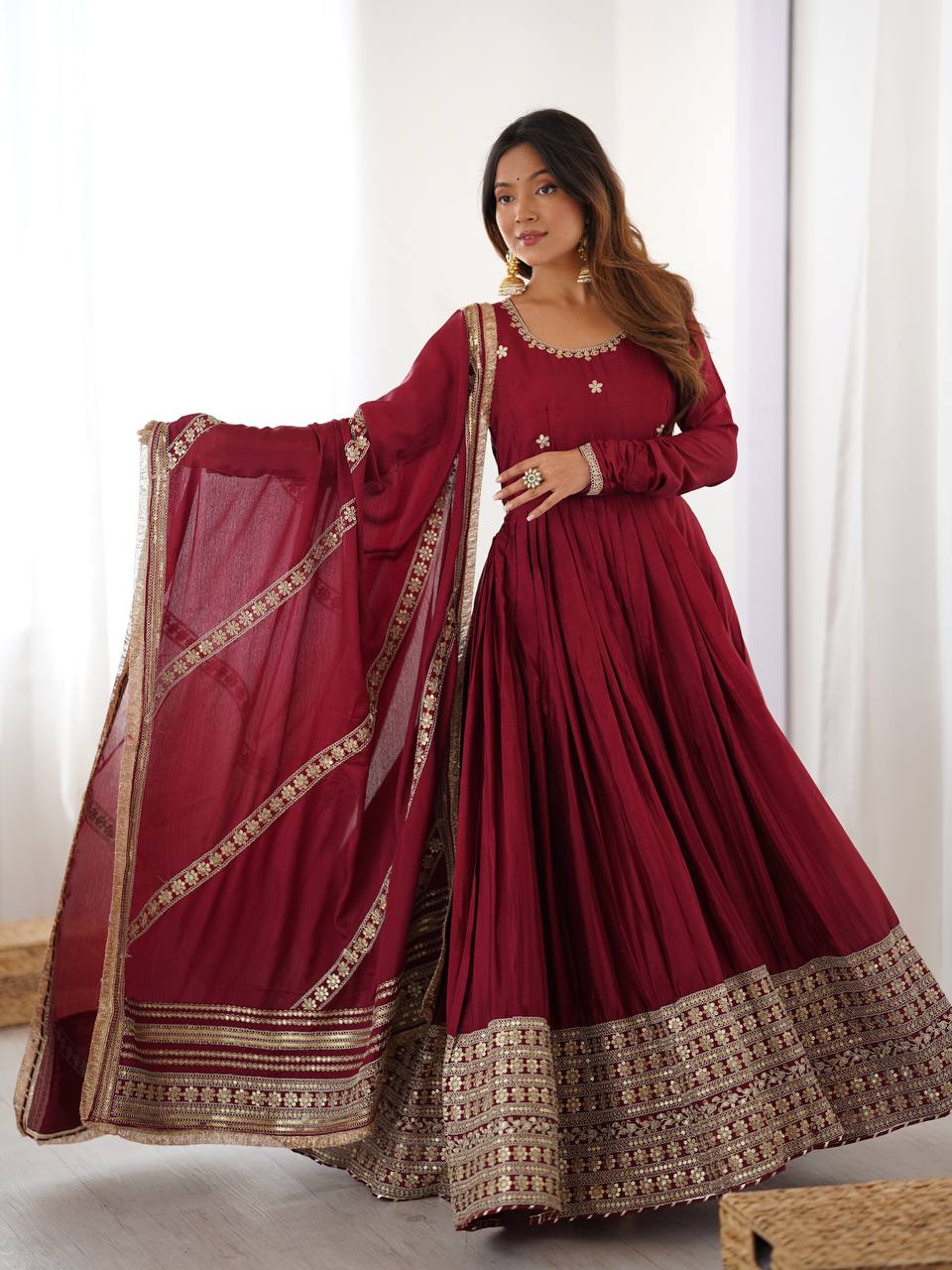 Prazu Fashion Maroon Chinon Silk Thread With Sequence Work Anarkali Suit | Grocsy