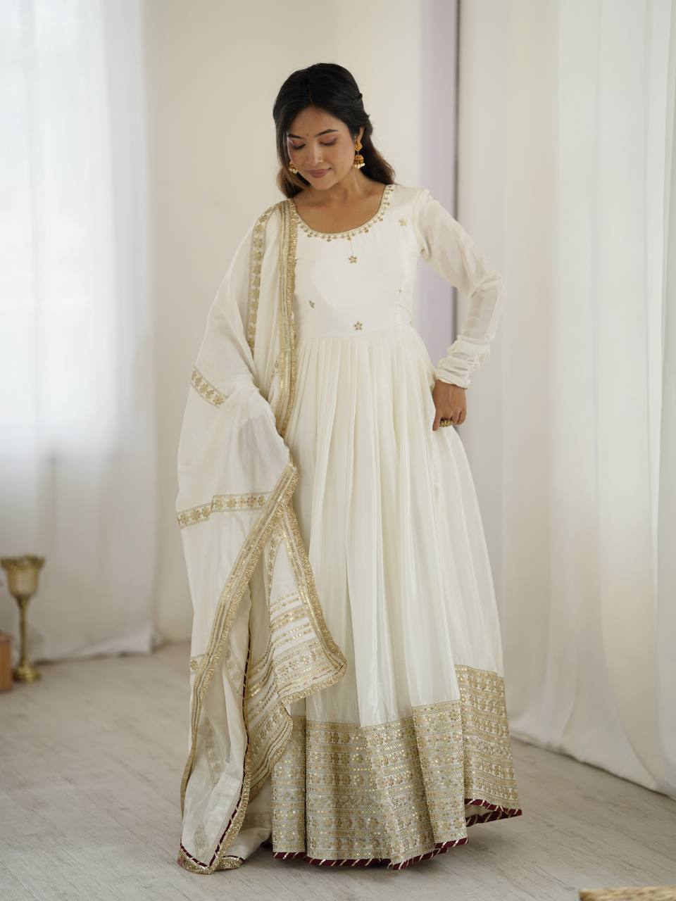 Prazu Fashion White Chinon Silk Thread With Sequence Work Anarkali Suit | Grocsy