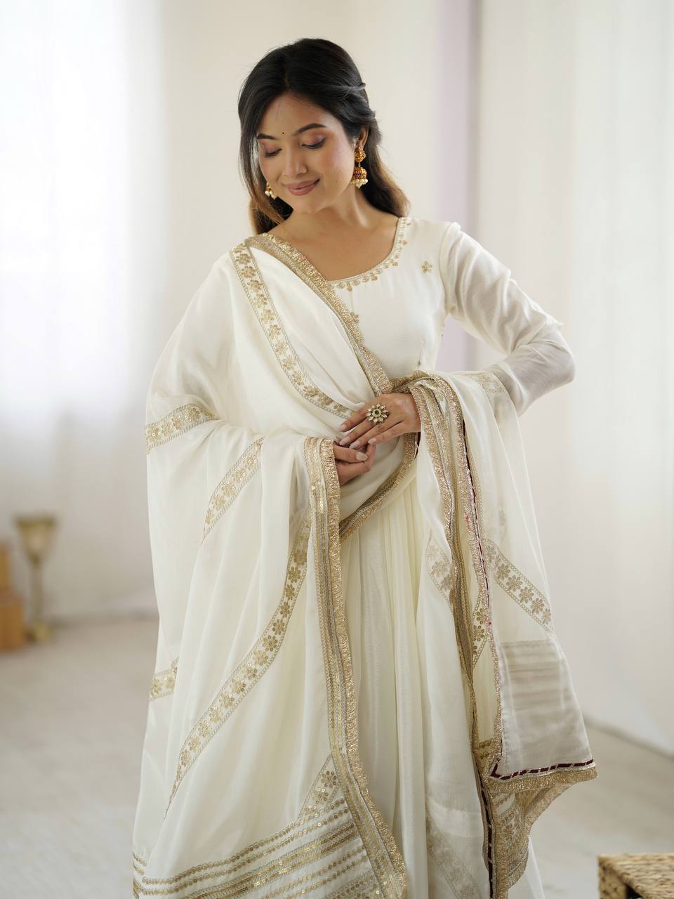 Prazu Fashion White Chinon Silk Thread With Sequence Work Anarkali Suit | Grocsy