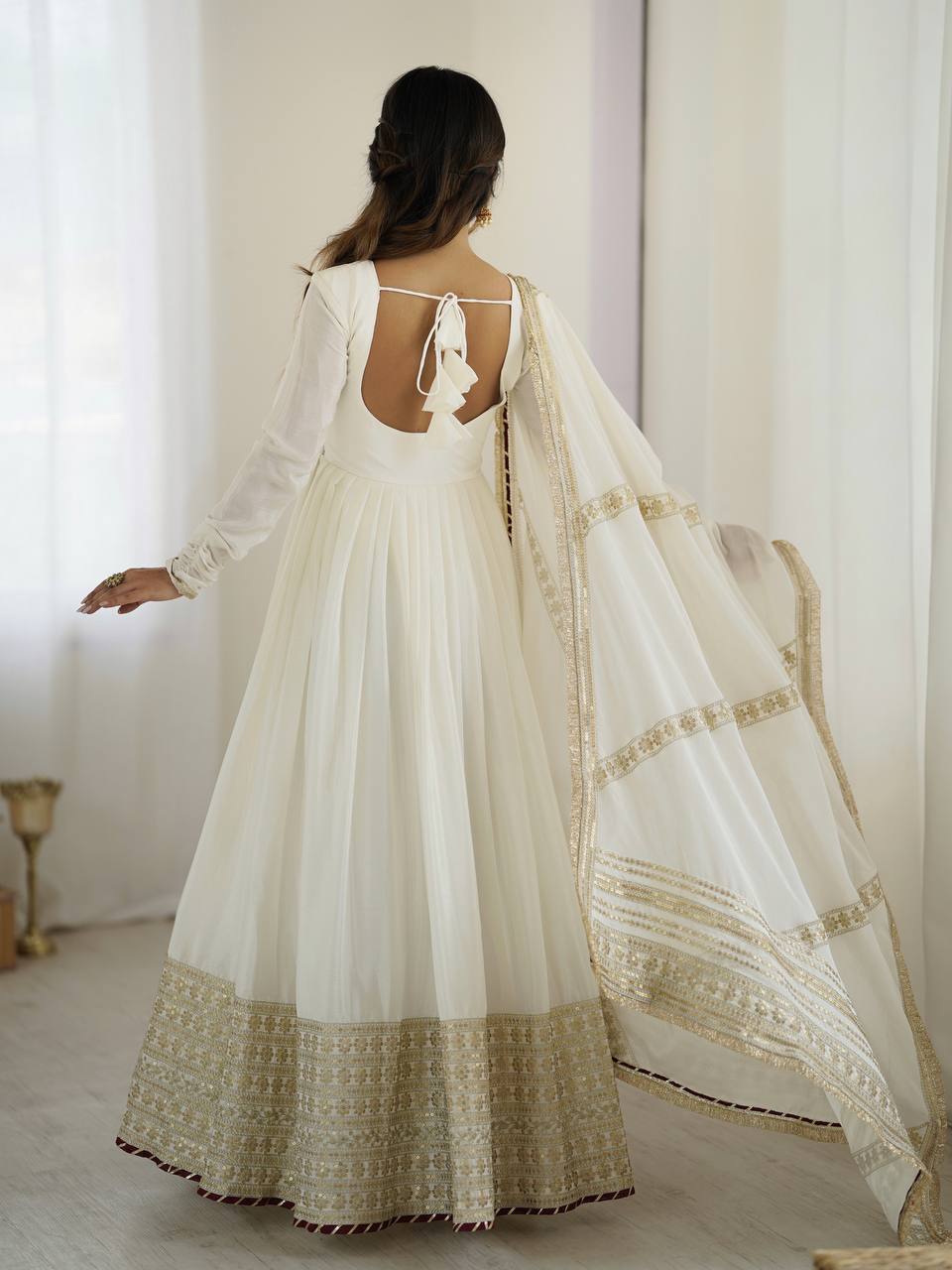 Prazu Fashion White Chinon Silk Thread With Sequence Work Anarkali Suit | Grocsy