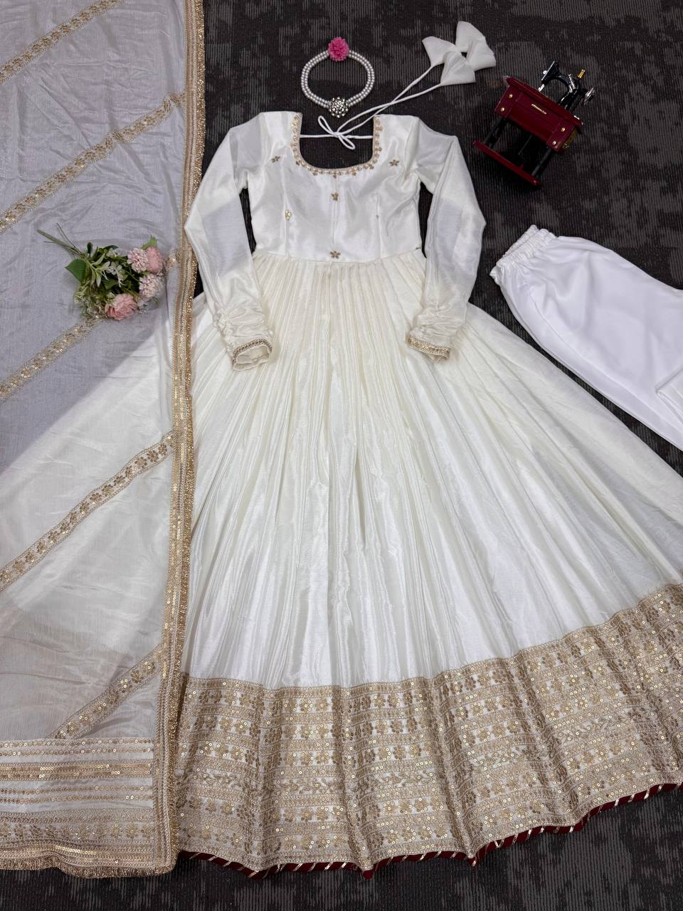 Prazu Fashion White Chinon Silk Thread With Sequence Work Anarkali Suit | Grocsy
