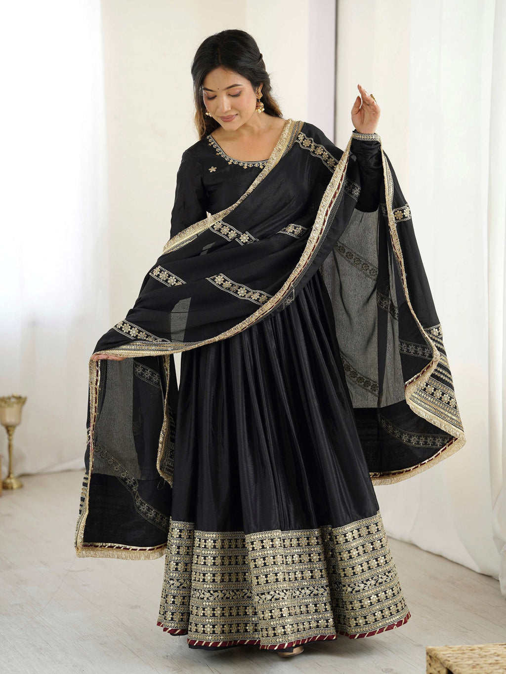 Lehenga Mart Black Chinon Silk Designer Chinon Silk Gown | Grocsy