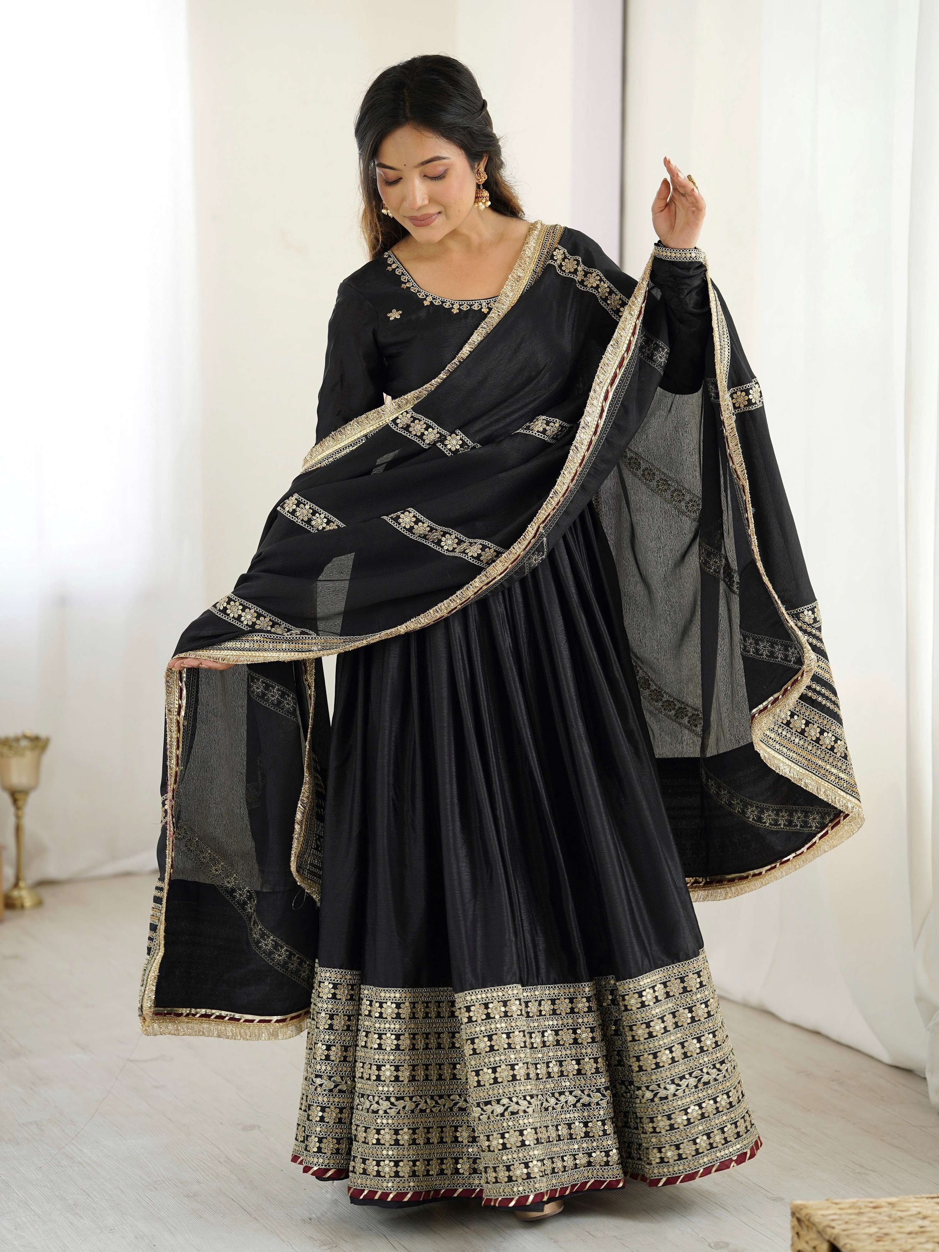 Lehenga Mart Black Chinon Silk Designer Chinon Silk Gown | Grocsy