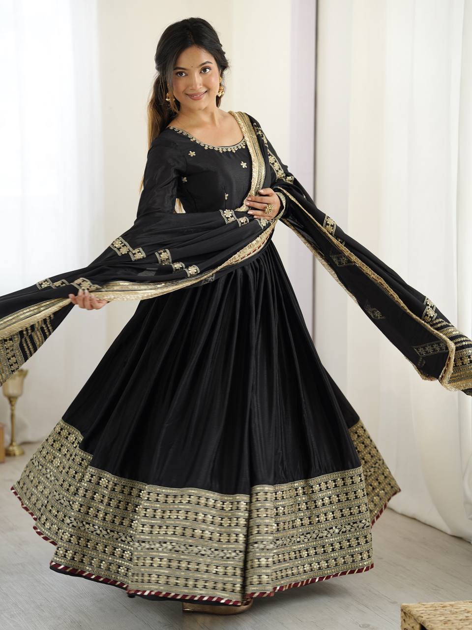 Lehenga Mart Black Chinon Silk Designer Chinon Silk Gown | Grocsy