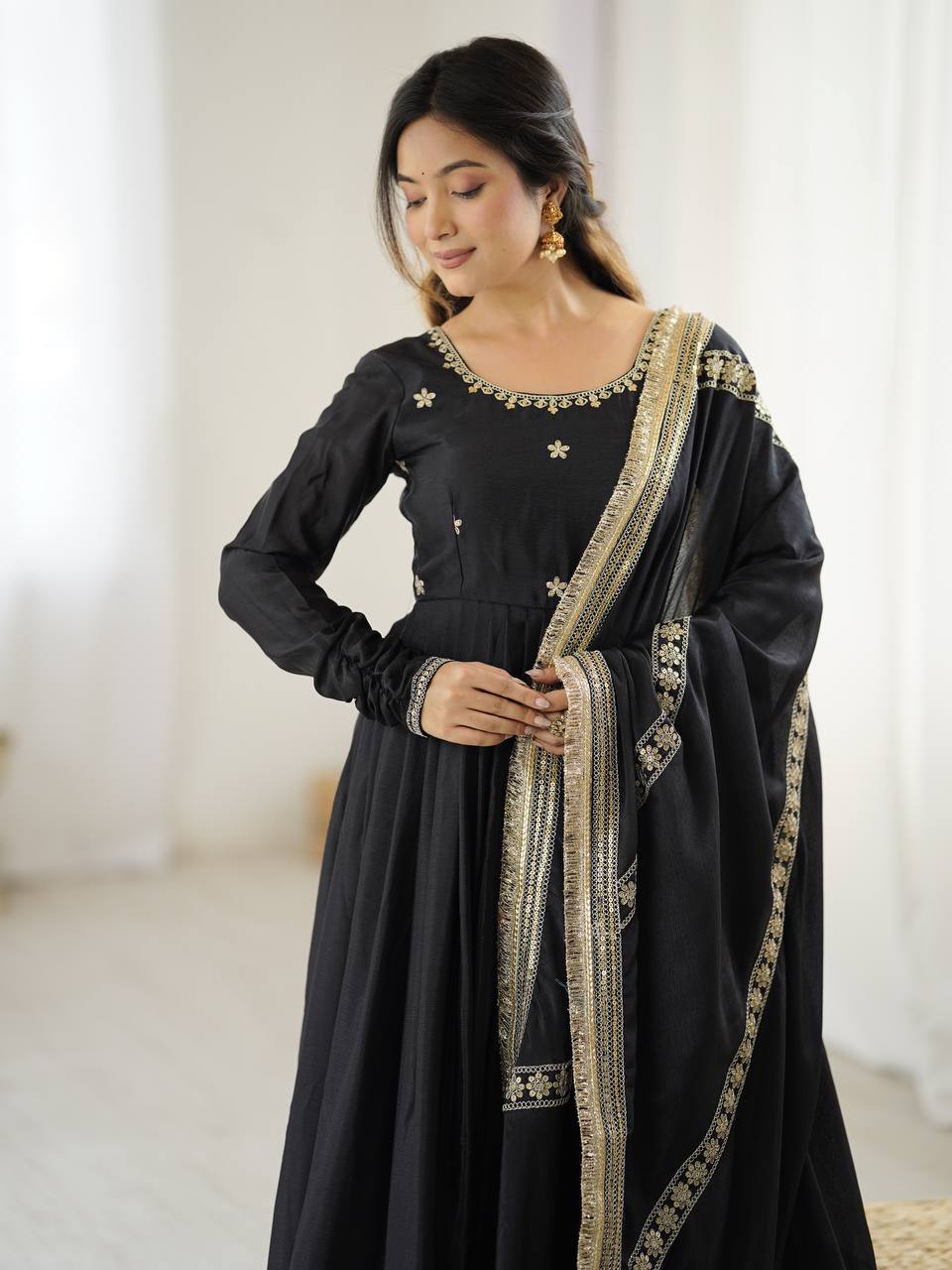 Lehenga Mart Black Chinon Silk Designer Chinon Silk Gown | Grocsy