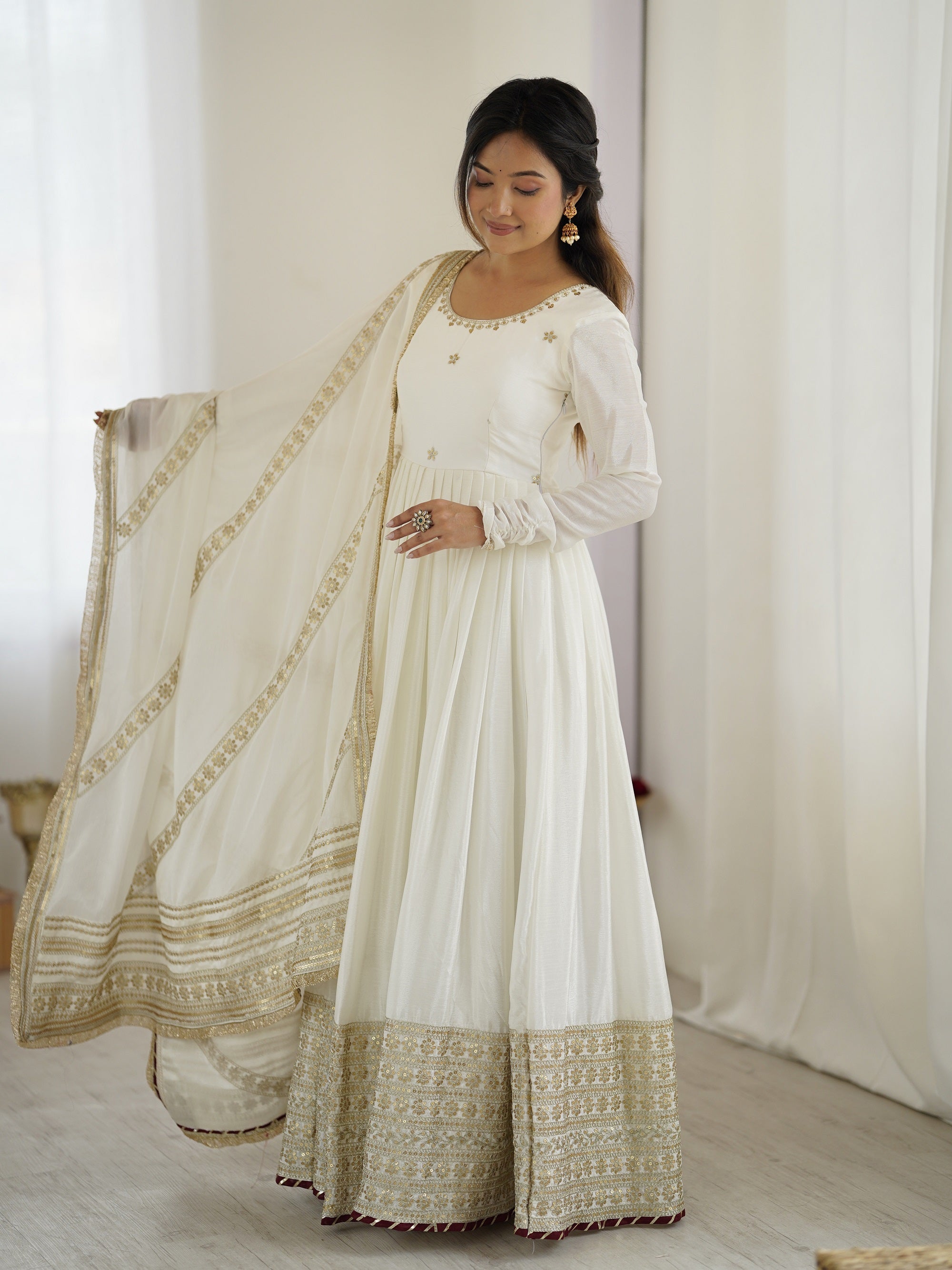 Lehenga Mart White Chinon Silk Designer Chinon Silk Gown | Grocsy