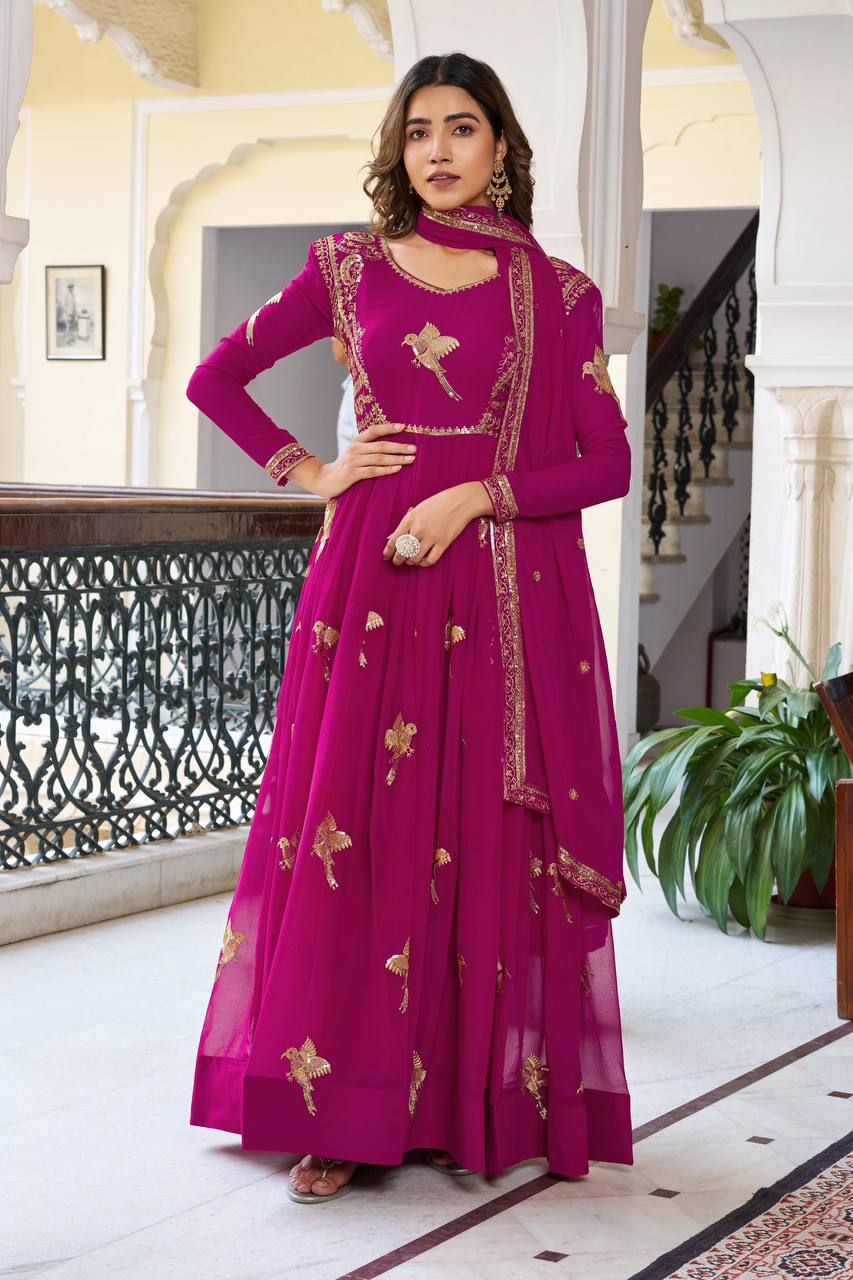 Lehenga Mart Designer Anarkali Suit With Kurta Palazzo Dupatta For Women-Deep Pink | Grocsy
