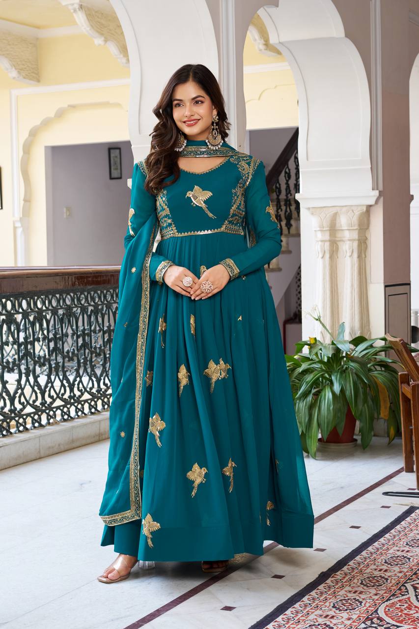 Lehenga Mart Faux Georgette Gown With Dupatta-Teal Blue | Grocsy
