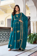 Lehenga Mart Faux Georgette Gown With Dupatta-Teal Blue | Grocsy