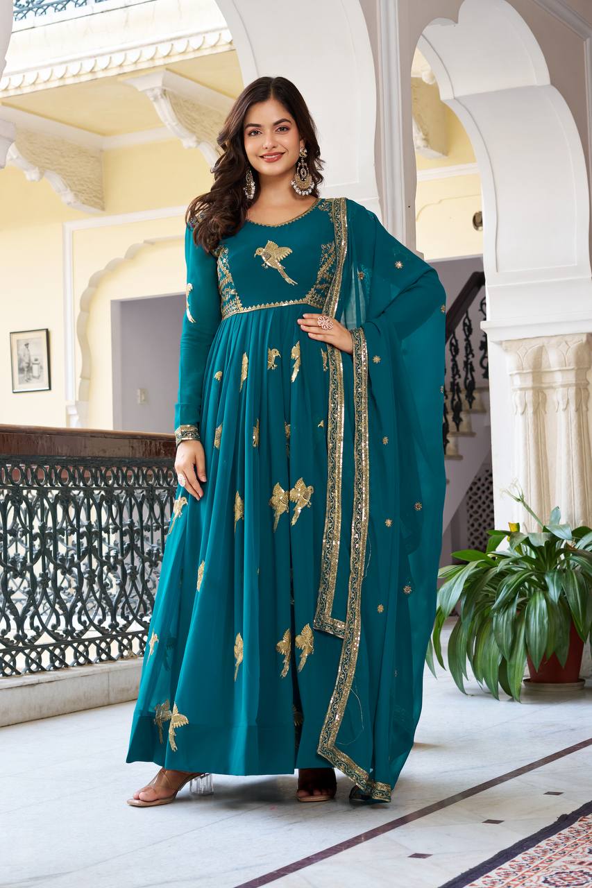 Lehenga Mart Faux Georgette Gown With Dupatta-Teal Blue | Grocsy