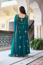 Lehenga Mart Faux Georgette Gown With Dupatta-Teal Blue | Grocsy