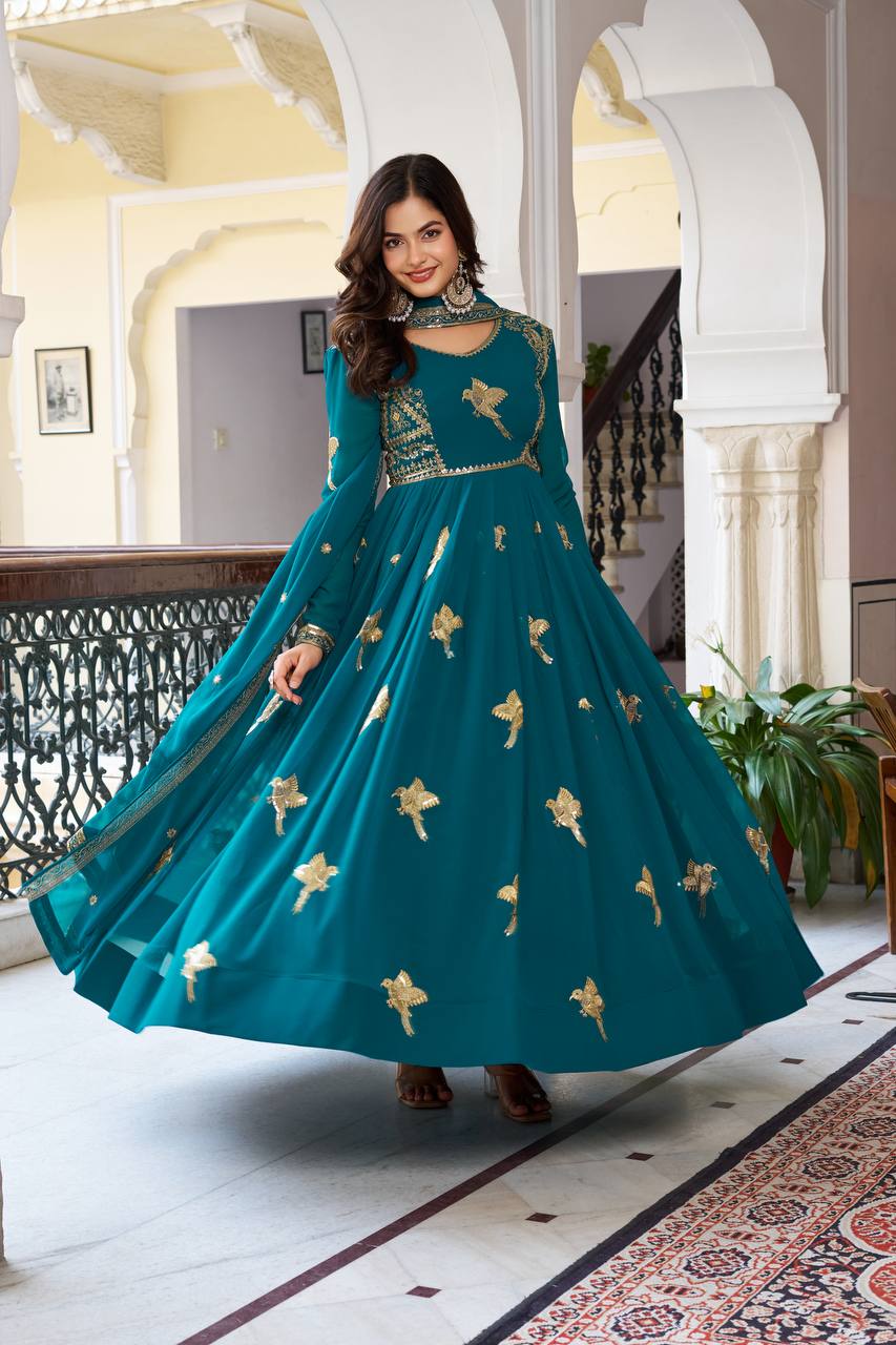 Lehenga Mart Faux Georgette Gown With Dupatta-Teal Blue | Grocsy