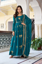 Lehenga Mart Designer Anarkali Suit With Kurta Palazzo Dupatta For Women-Teal Blue | Grocsy