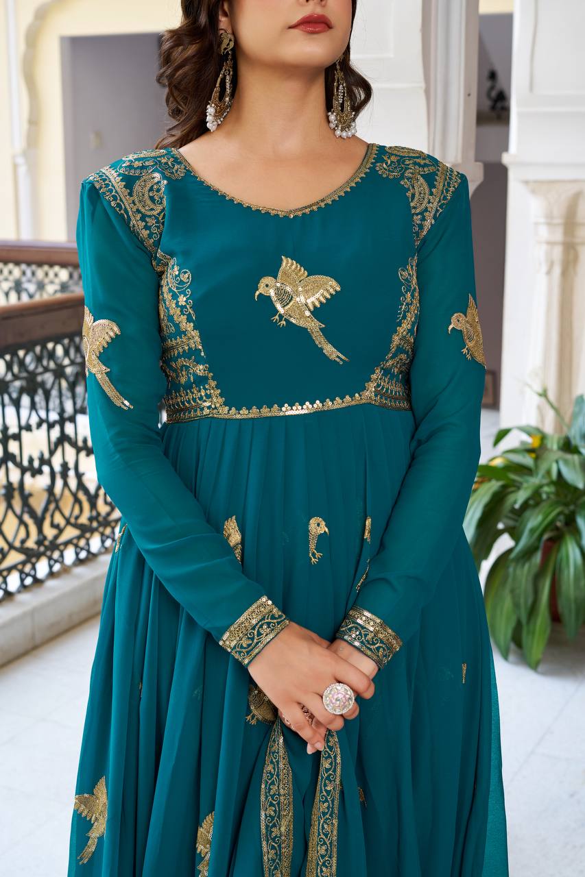 Lehenga Mart Designer Anarkali Suit With Kurta Palazzo Dupatta For Women-Teal Blue | Grocsy