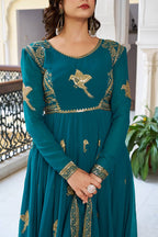 Lehenga Mart Designer Anarkali Suit With Kurta Palazzo Dupatta For Women-Teal Blue | Grocsy