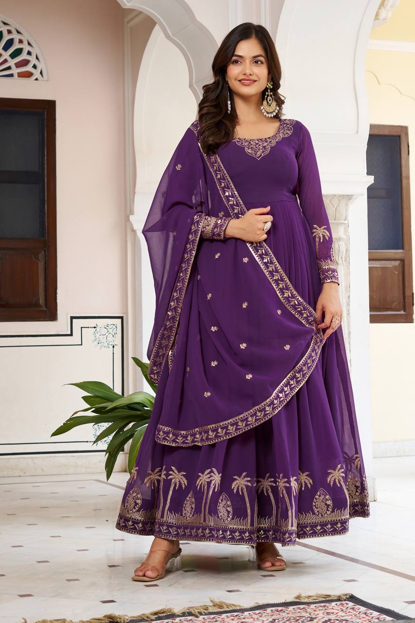 Lehenga Mart Faux Georgette Gown With Dupatta-Blue | Grocsy