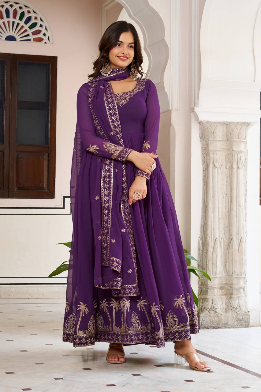 Lehenga Mart Faux Georgette Gown With Dupatta-Blue | Grocsy