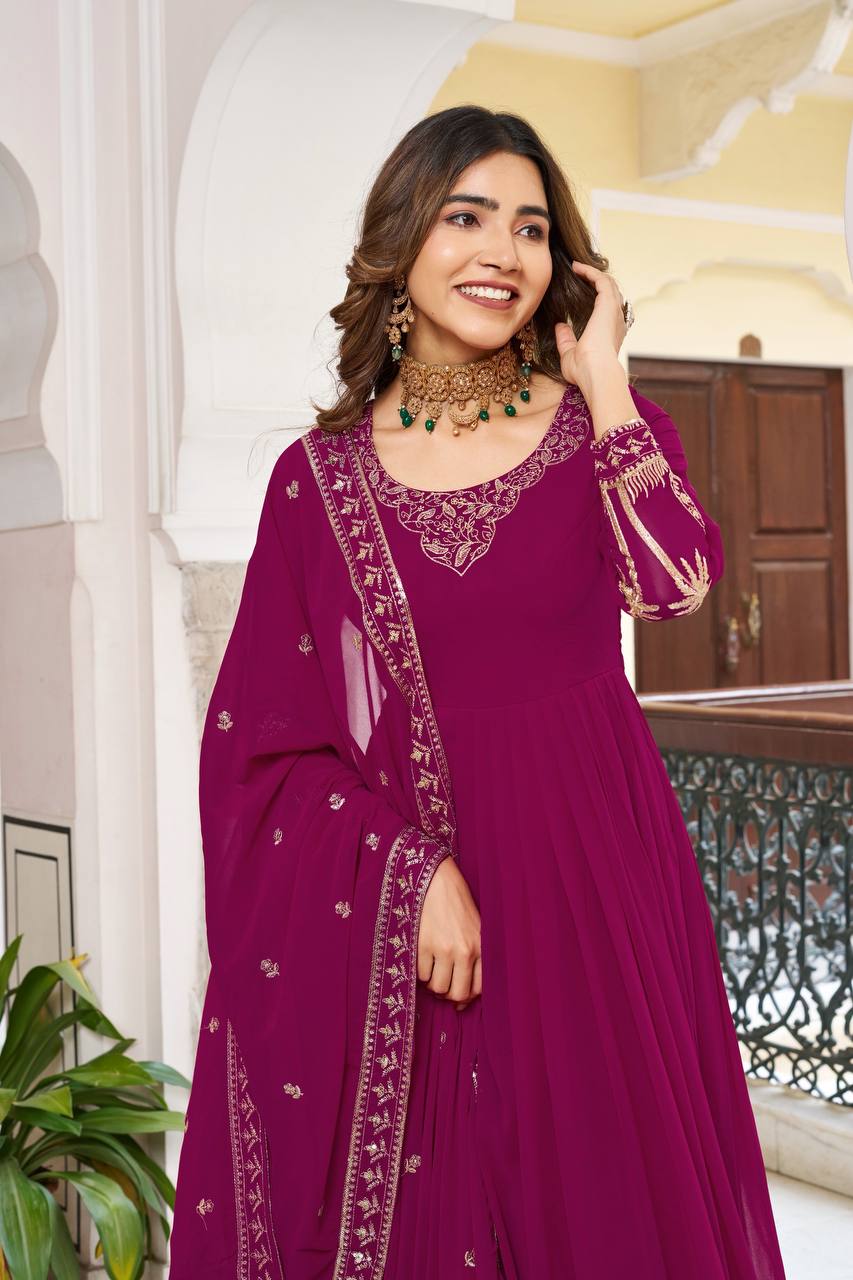 Lehenga Mart Faux Georgette Gown With Dupatta-Purple | Grocsy