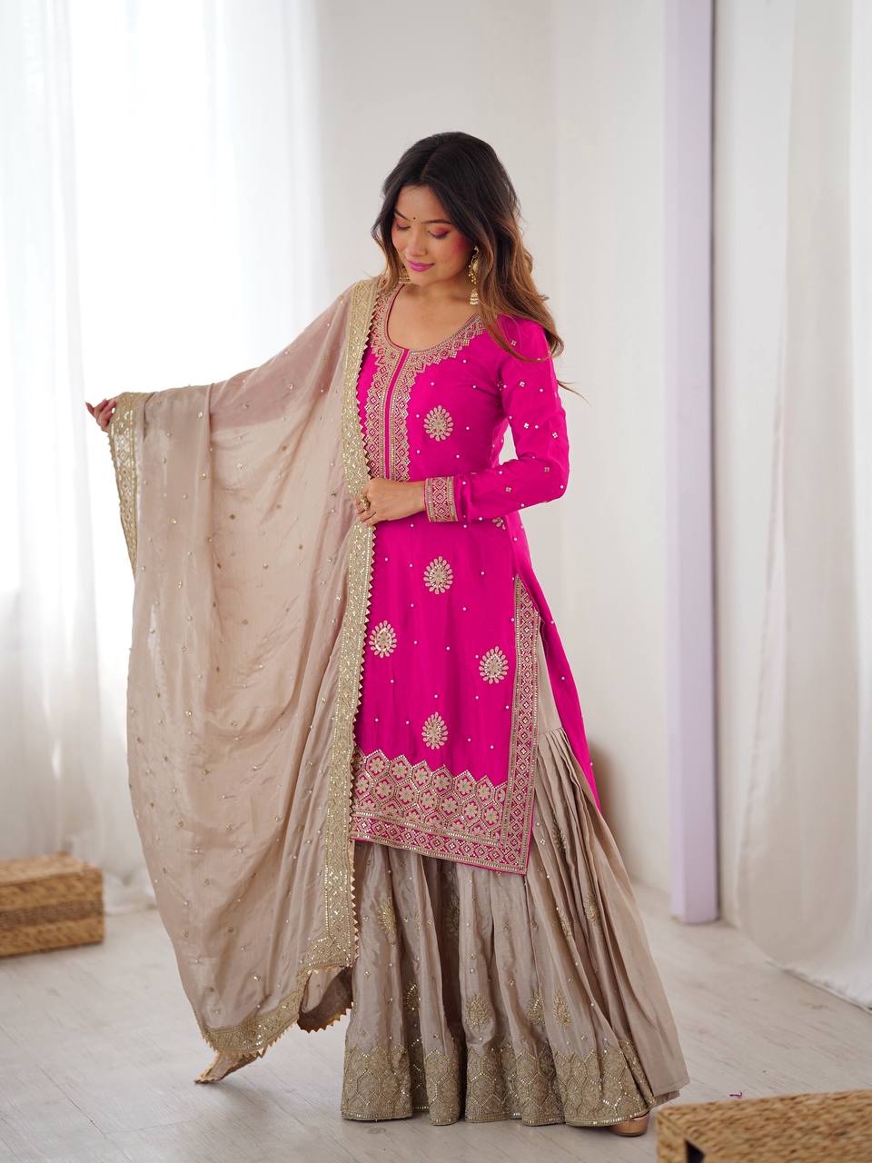 Lehenga Mart Designer Ready To Wear Sharara Suit Dupatta For Women-Pink | Grocsy