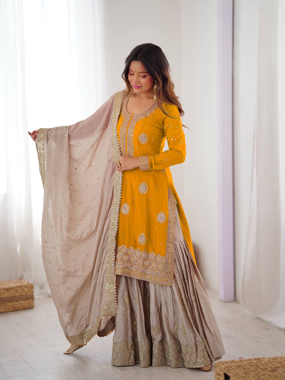 Lehenga Mart Designer Ready To Wear Sharara Suit Dupatta For Women-Yellow | Grocsy