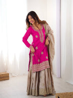 Prazu Fashion Pink Chinon Silk Sequence With Pearl Work Sharara Suit | Grocsy