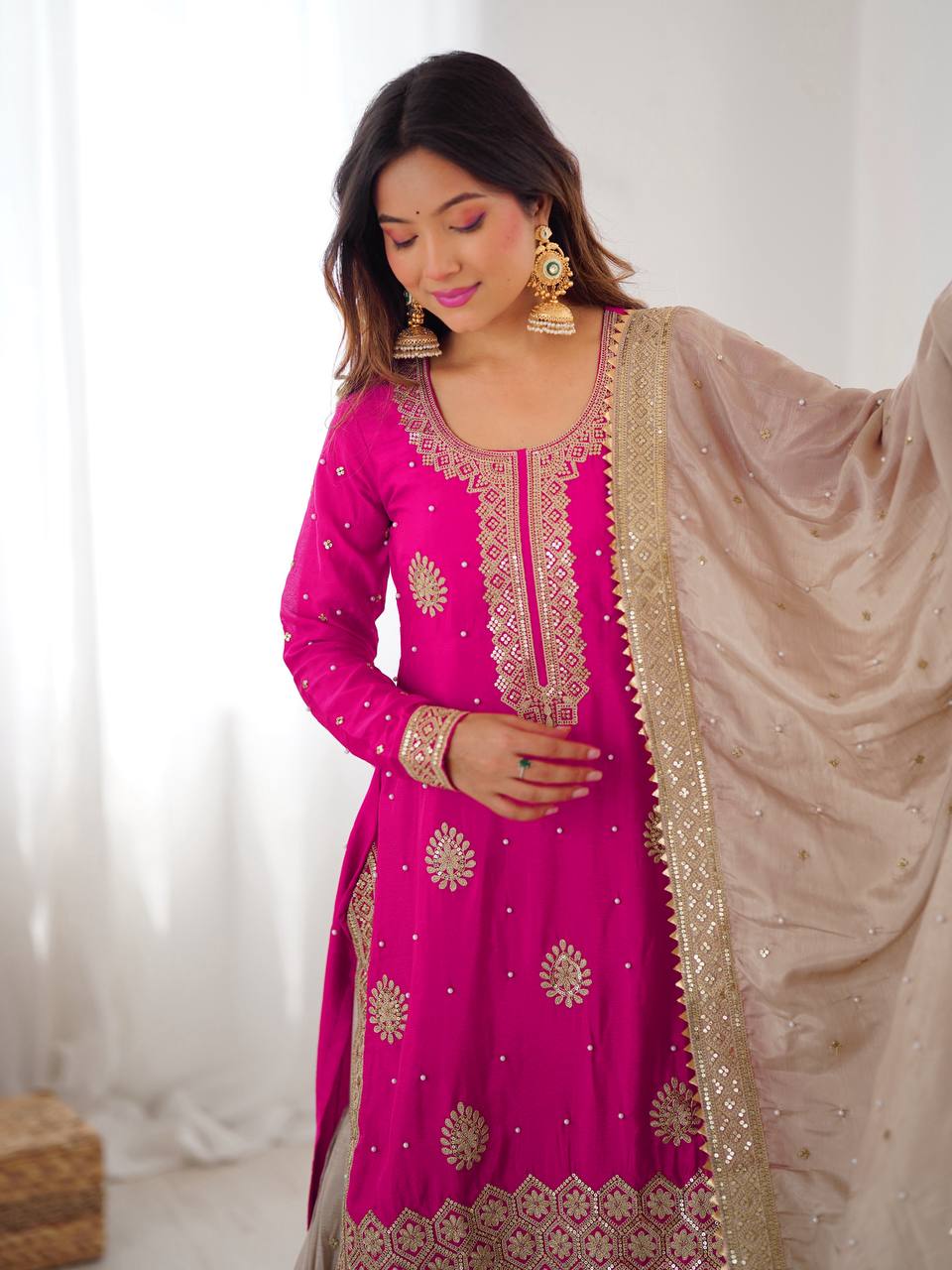 Prazu Fashion Pink Chinon Silk Sequence With Pearl Work Sharara Suit | Grocsy