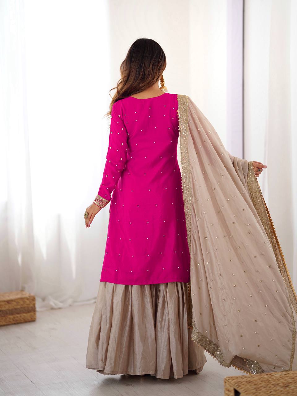 Prazu Fashion Pink Chinon Silk Sequence With Pearl Work Sharara Suit | Grocsy