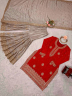 Prazu Fashion Red Chinon Silk Sequence With Pearl Work Sharara Suit | Grocsy