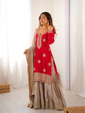 Prazu Fashion Red Chinon Silk Sequence With Pearl Work Sharara Suit | Grocsy