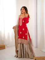 Prazu Fashion Red Chinon Silk Sequence With Pearl Work Sharara Suit | Grocsy