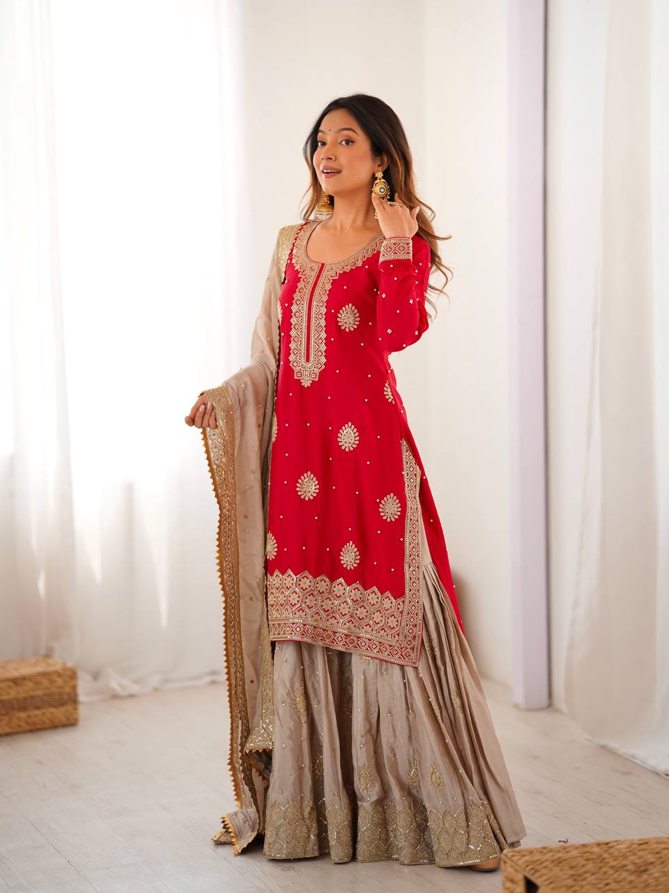 Prazu Fashion Red Chinon Silk Sequence With Pearl Work Sharara Suit | Grocsy