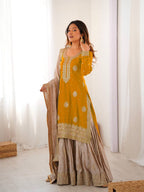 Prazu Fashion Yellow Chinon Silk Sequence With Pearl Work Sharara Suit | Grocsy
