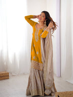 Prazu Fashion Yellow Chinon Silk Sequence With Pearl Work Sharara Suit | Grocsy
