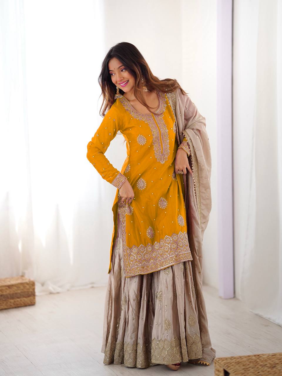 Prazu Fashion Yellow Chinon Silk Sequence With Pearl Work Sharara Suit | Grocsy