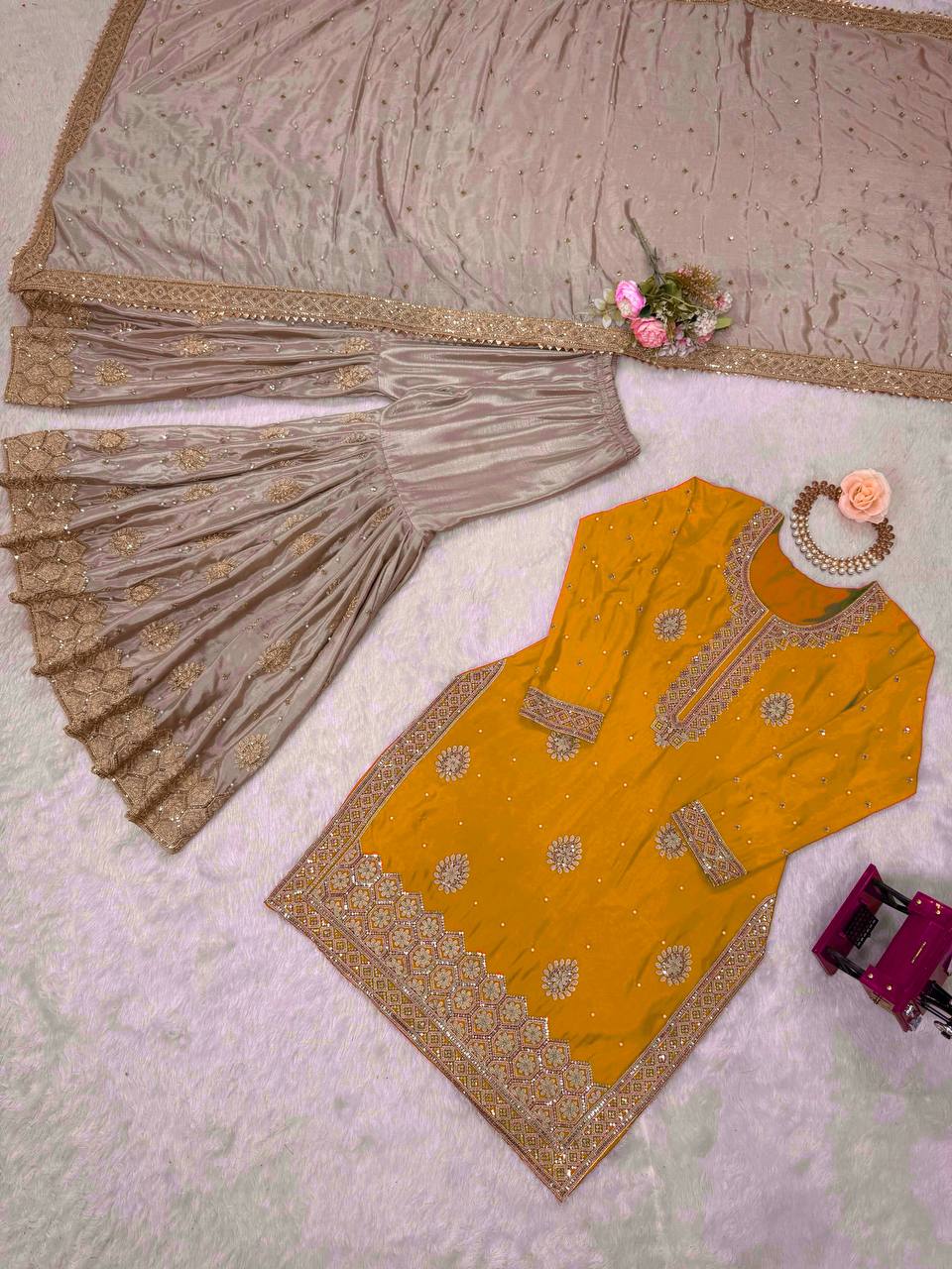 Prazu Fashion Yellow Chinon Silk Sequence With Pearl Work Sharara Suit | Grocsy