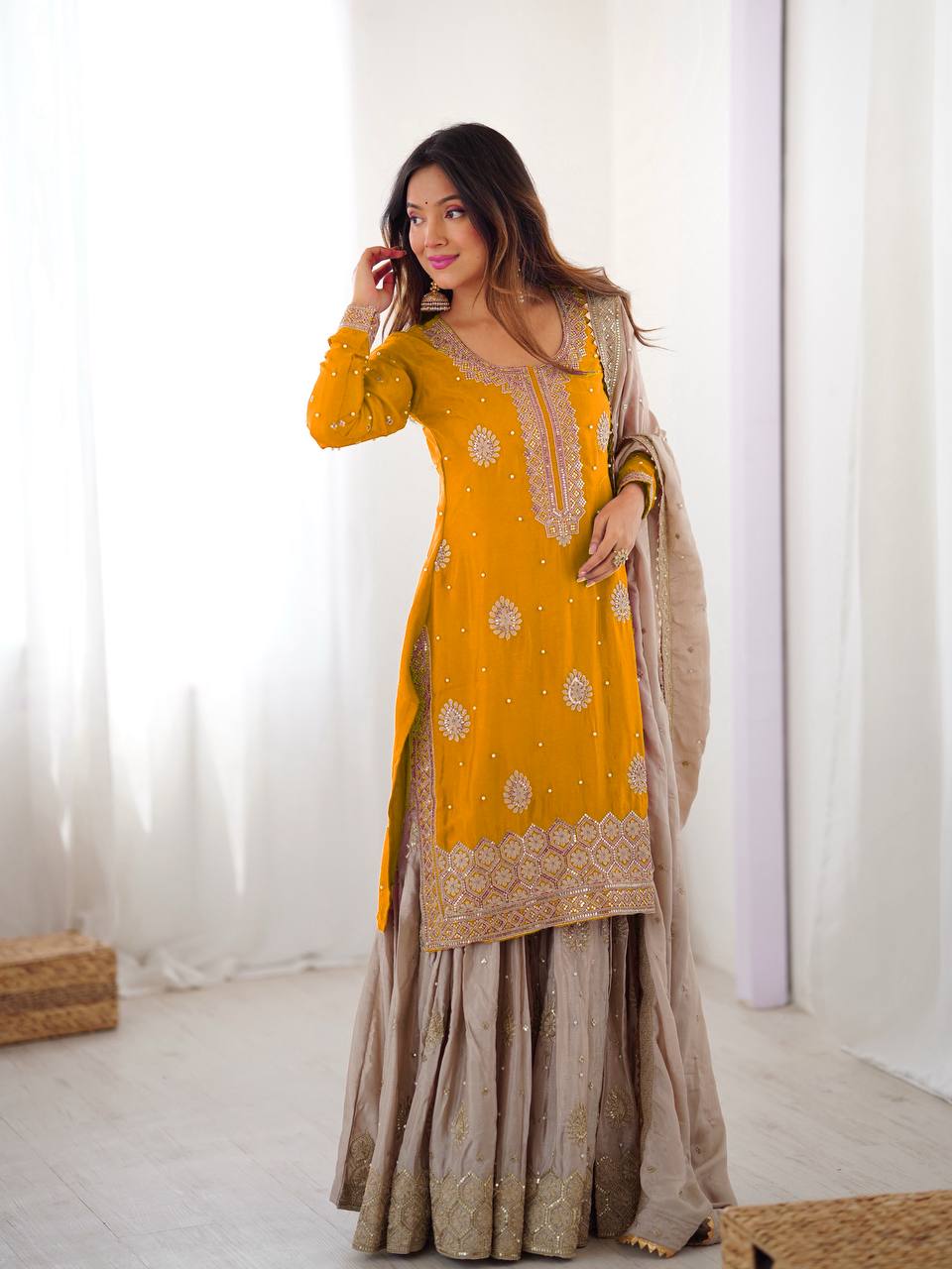 Prazu Fashion Yellow Chinon Silk Sequence With Pearl Work Sharara Suit | Grocsy
