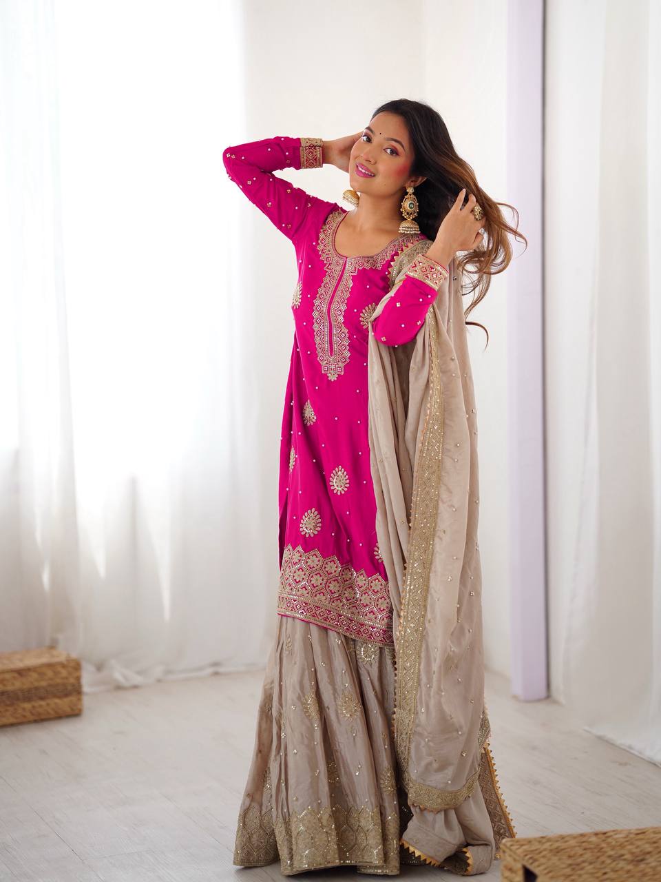 Prazu Fashion Pink Chinon Silk Sequence With Pearl Work Sharara Suit | Grocsy