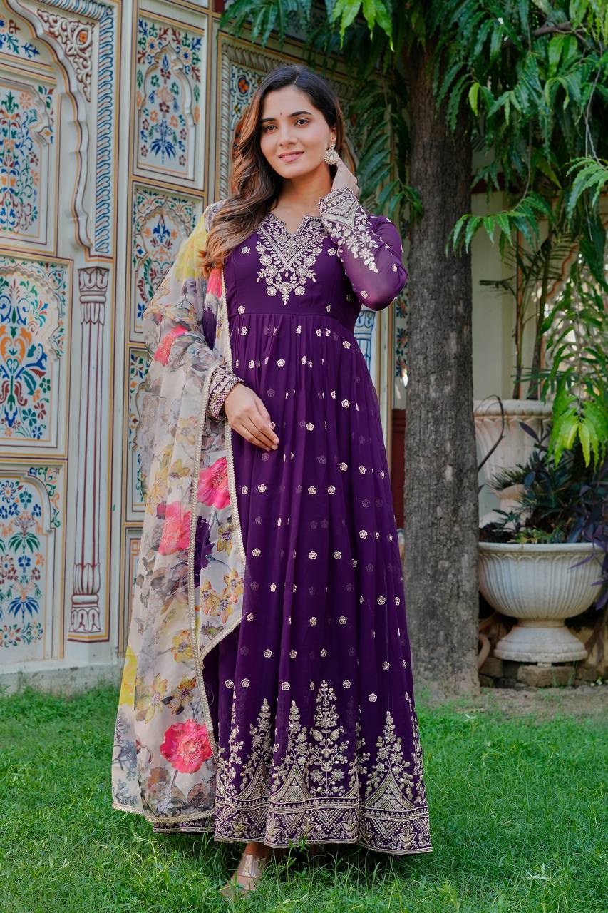 Lehenga Mart Faux Georgette Gown With Dupatta-Blue | Grocsy