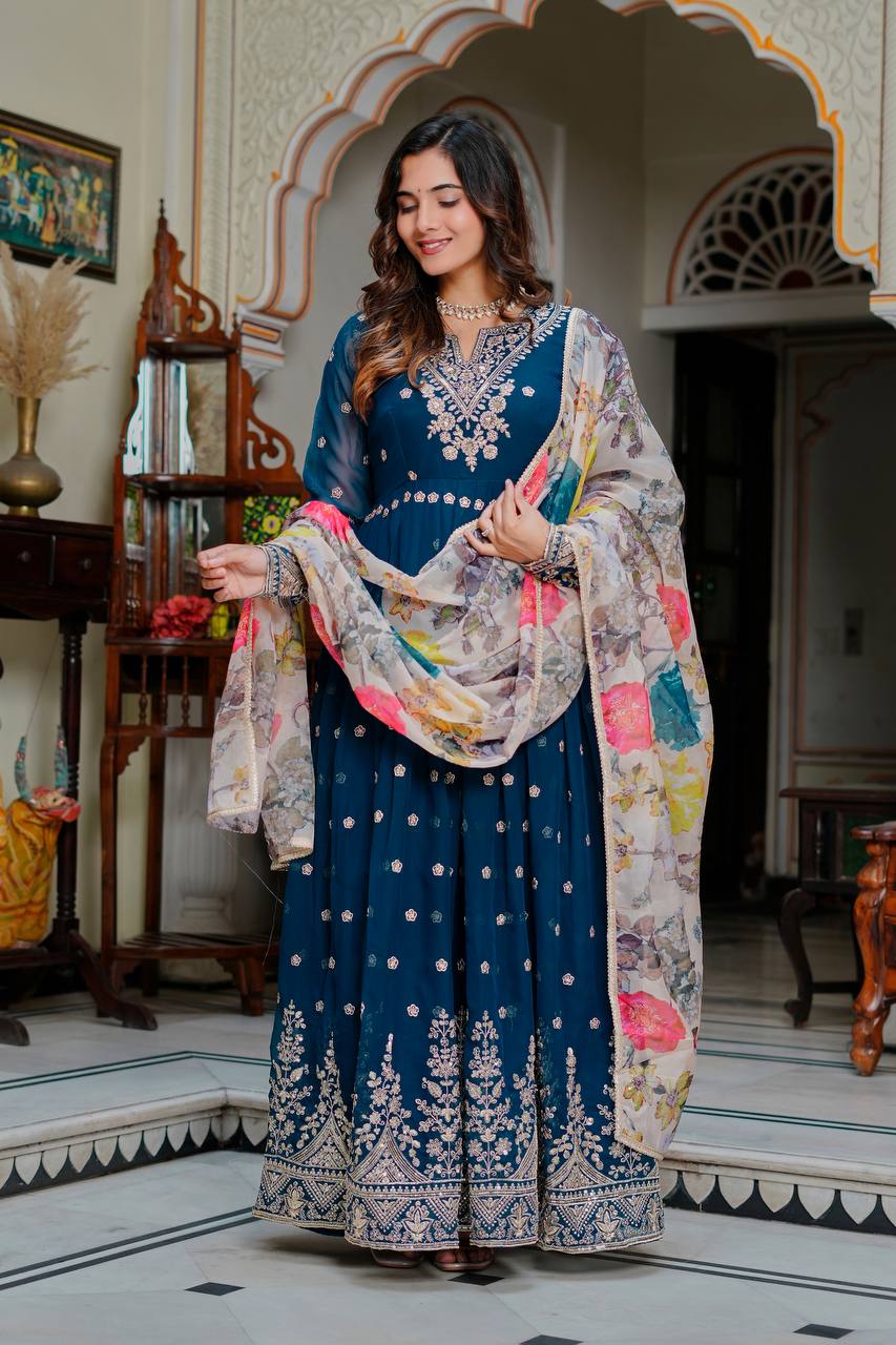 Lehenga Mart Designer Anarkali Suit With Kurta Palazzo Dupatta For Women-Teal | Grocsy