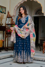 Lehenga Mart Designer Anarkali Suit With Kurta Palazzo Dupatta For Women-Teal | Grocsy