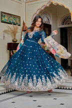 Lehenga Mart Designer Anarkali Suit With Kurta Palazzo Dupatta For Women-Teal | Grocsy
