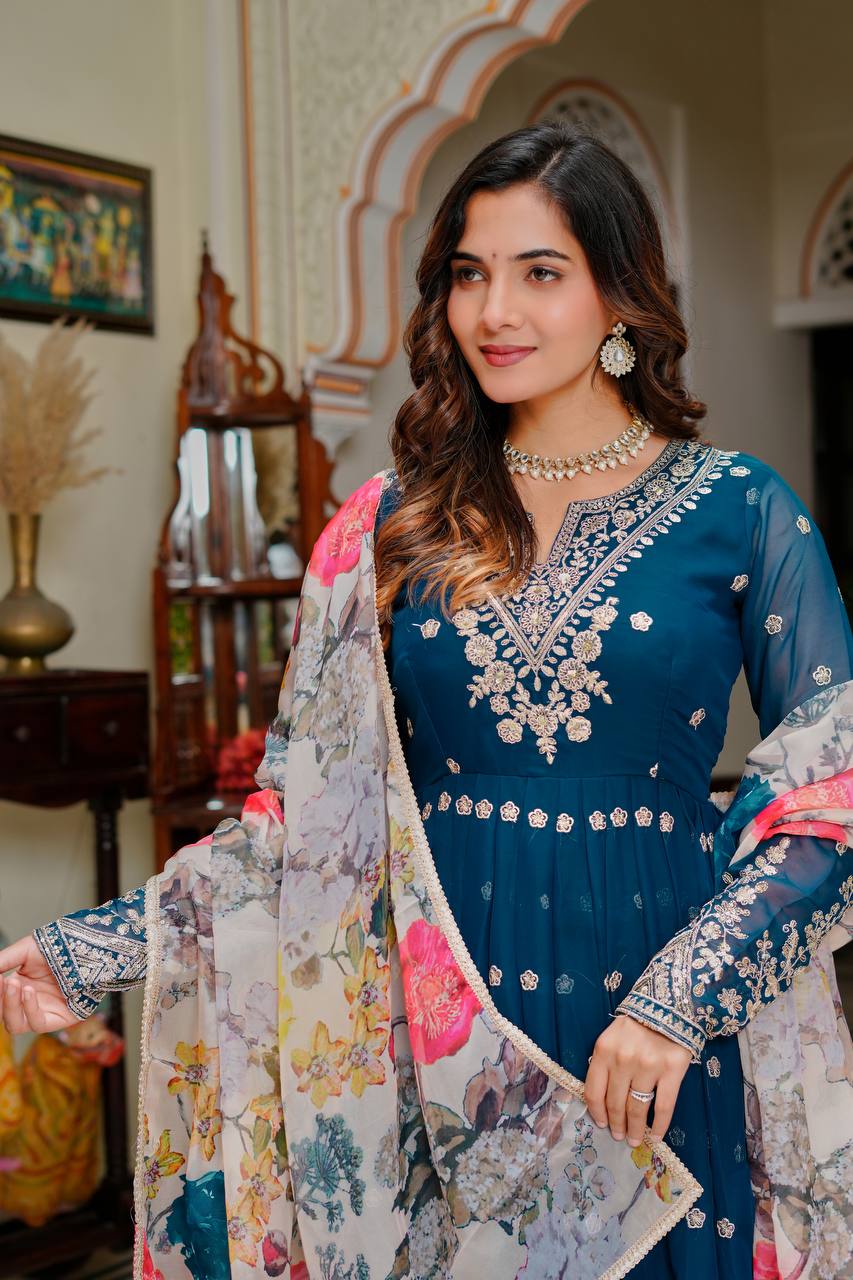 Lehenga Mart Designer Anarkali Suit With Kurta Palazzo Dupatta For Women-Teal | Grocsy