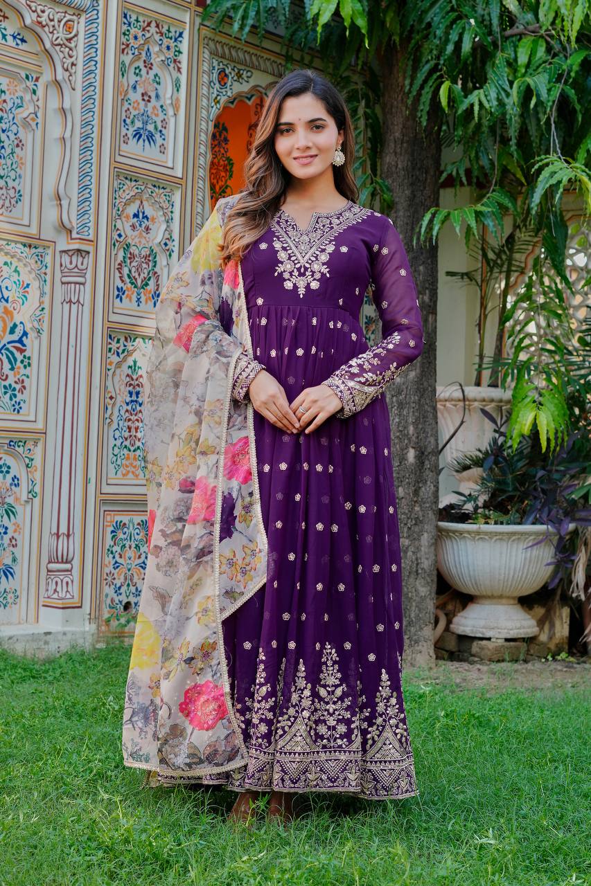Prazu Fashion Violet Georgette Thread With Sequence Work Anarkali Suit | Grocsy
