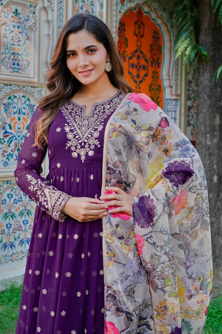 Prazu Fashion Violet Georgette Thread With Sequence Work Anarkali Suit | Grocsy